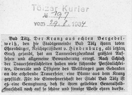 Abschied vom &bdquo;Ehrenbürger&rdquo;, Tölzer Kurier 29.8.1934