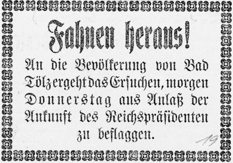 Zeitungsausschnitt Tölzer Kurier, August 1925: &bdquo;Fahnen heraus!&rdquo;