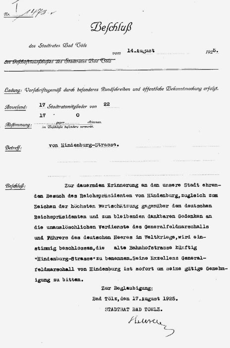 Stadtratsbeschluss vom 14.8.1925: &bdquo;...wird einstimmig beschlossen, die alte Bahnhofsstrasse künftig "Hindenburg-Strasse" zu benennen.&rdquo;